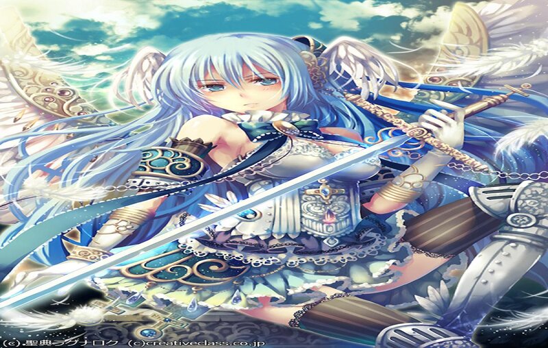 Anime Girl with Sword — Blue, Dramatic, Digital Art, Wings, Armor