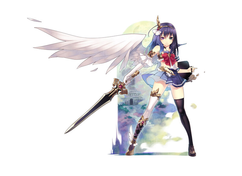 Anime Girl with Sword — Blue, Dramatic, Digital Art, Wings, Skirt