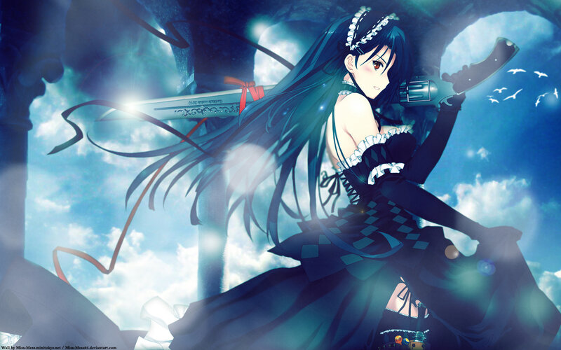Anime Girl with Sword — Blue, Dramatic, Gun, Ribbon