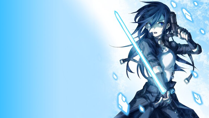 Anime Girl with Sword — Blue, Dramatic, Gun, Shards