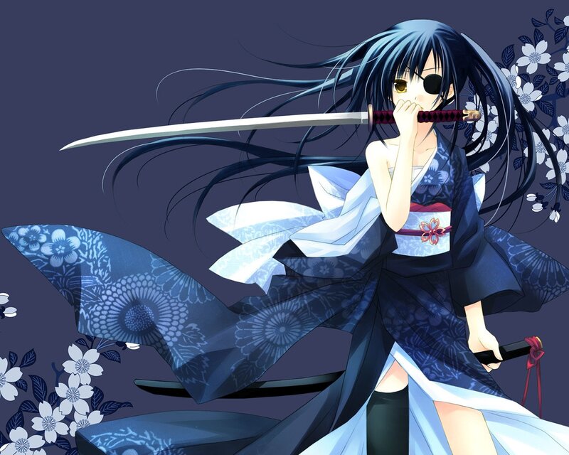 Anime Girl with Sword — Blue, Dramatic, Kimono, Eyepatch