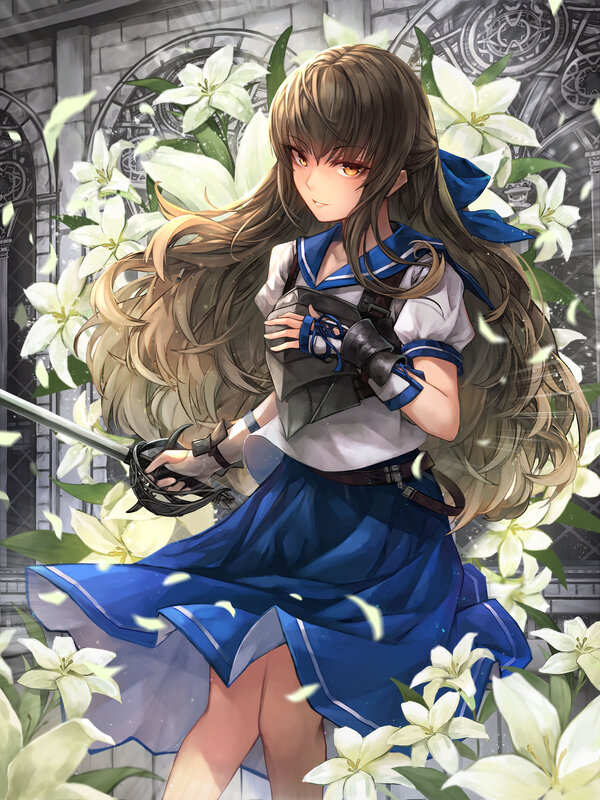 Anime Girl with Sword — Blue, Dramatic, Lilies