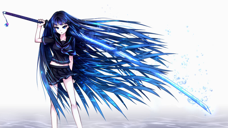 Anime Girl with Sword — Blue, Dramatic, Long Hair, School Uniform, Black