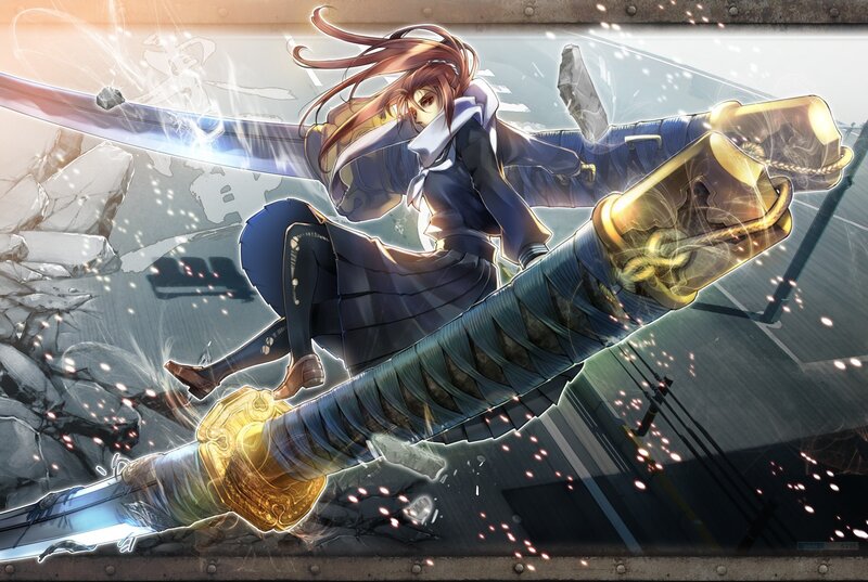 Anime Girl with Sword — Blue, Dramatic, Manga, Shattered Glass