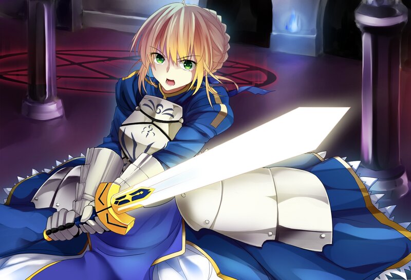 Anime Girl with Sword — Blue, Dramatic, Night, Armor, Castle