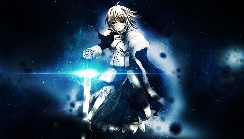 Anime Girl with Sword — Blue, Dramatic, Night, Armor, Space