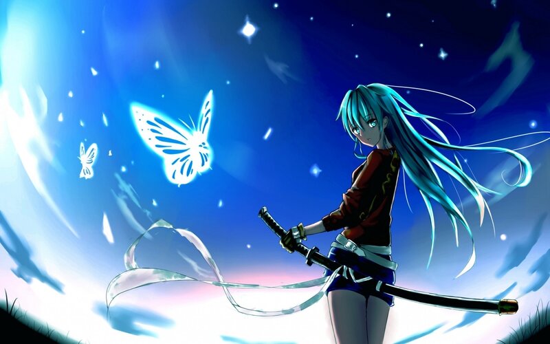 Anime Girl with Sword — Blue, Dramatic, Night, Butterflies