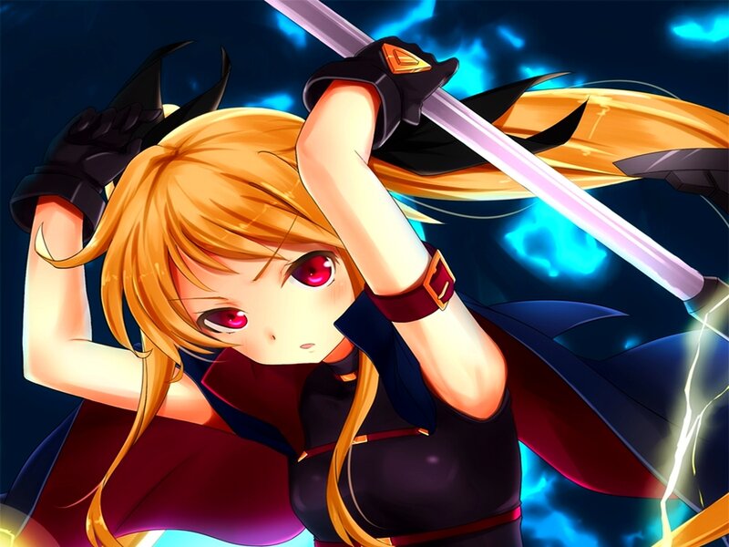 Anime Girl with Sword — Blue, Dramatic, Night, Cape, Red Eyes