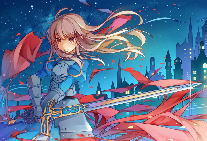 Anime Girl with Sword — Blue, Dramatic, Night, Castle, Cape