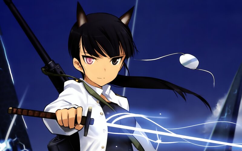 Anime Girl with Sword — Blue, Dramatic, Night, Cat Ears, Gun