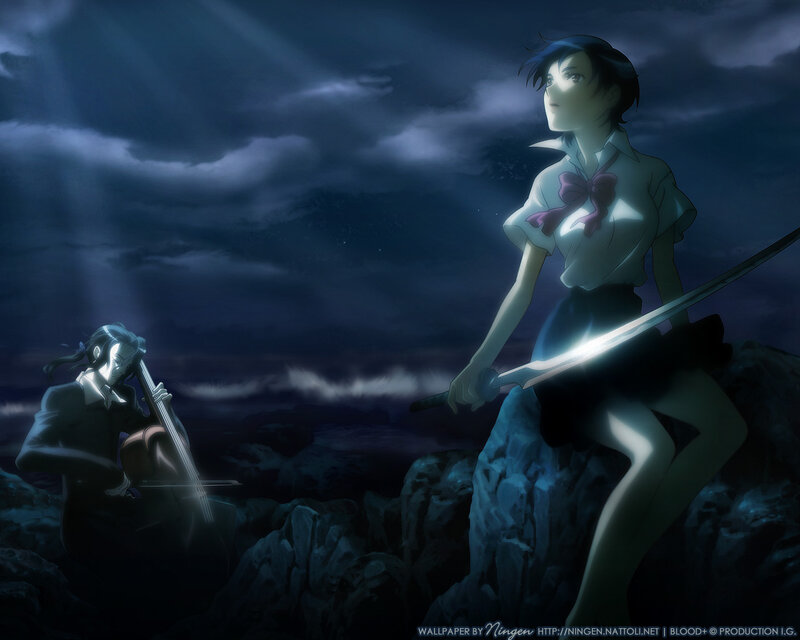 Anime Girl with Sword — Blue, Dramatic, Night, Cello