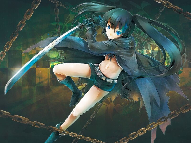 Anime Girl with Sword — Blue, Dramatic, Night, Chains