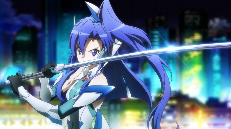Anime Girl with Sword — Blue, Dramatic, Night, Cityscape, Long Hair