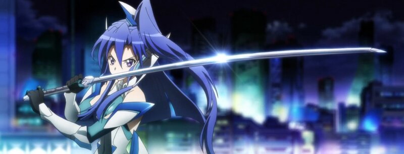 Anime Girl with Sword — Blue, Dramatic, Night, Cityscape