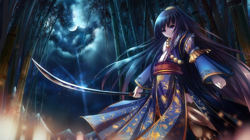 Anime Girl with Sword — Blue, Dramatic, Night, Digital Art, Bamboo Forest