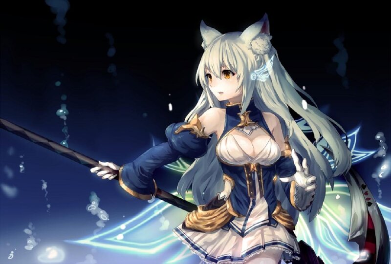 Anime Girl with Sword — Blue, Dramatic, Night, Digital Art, Cat Ears