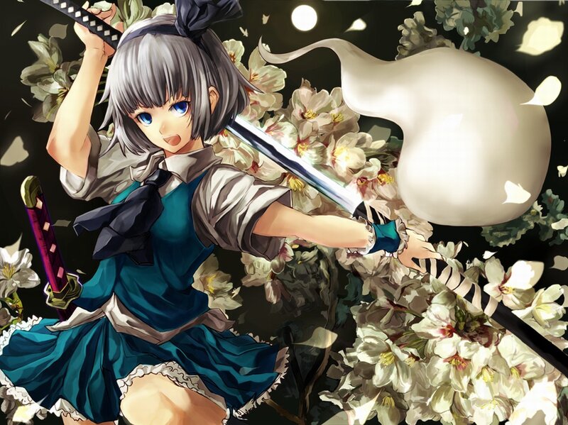 Anime Girl with Sword — Blue, Dramatic, Night, Digital Art, Cherry Blossoms