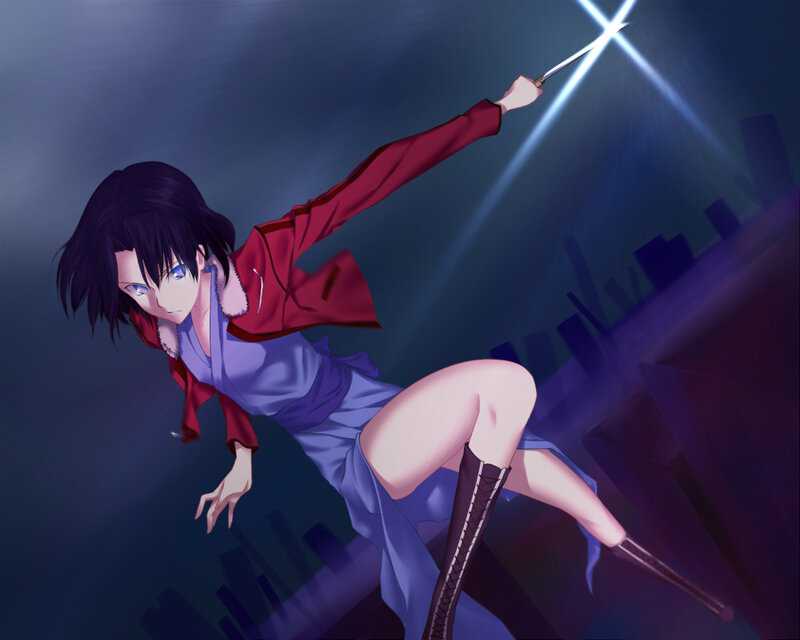 Anime Girl with Sword — Blue, Dramatic, Night, Digital Art, Cityscape, Dark Sky