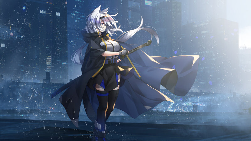 Anime Girl with Sword — Blue, Dramatic, Night, Digital Art, Cityscape, Snow