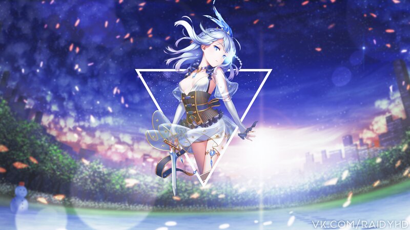 Anime Girl with Sword — Blue, Dramatic, Night, Digital Art, Cityscape, Snowman