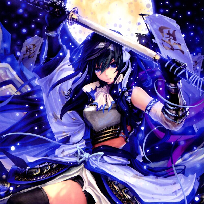 Anime Girl with Sword — Blue, Dramatic, Night, Digital Art, Flag