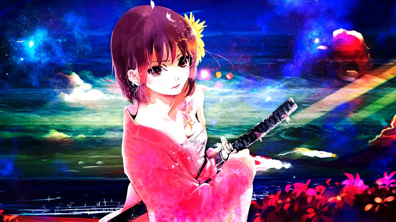 Anime Girl with Sword — Blue, Dramatic, Night, Digital Art, Flower