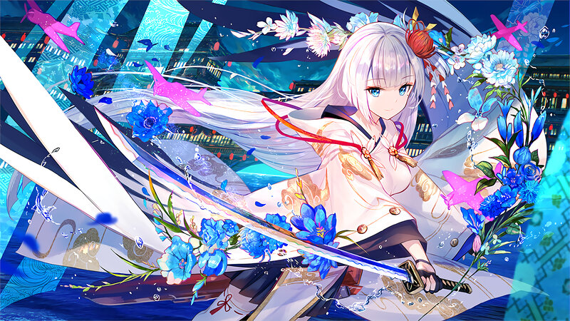 Anime Girl with Sword — Blue, Dramatic, Night, Digital Art, Flowers, Airplanes