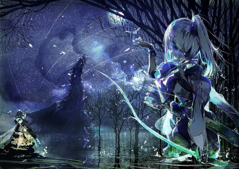 Anime Girl with Sword — Blue, Dramatic, Night, Digital Art, Forest, Dragon
