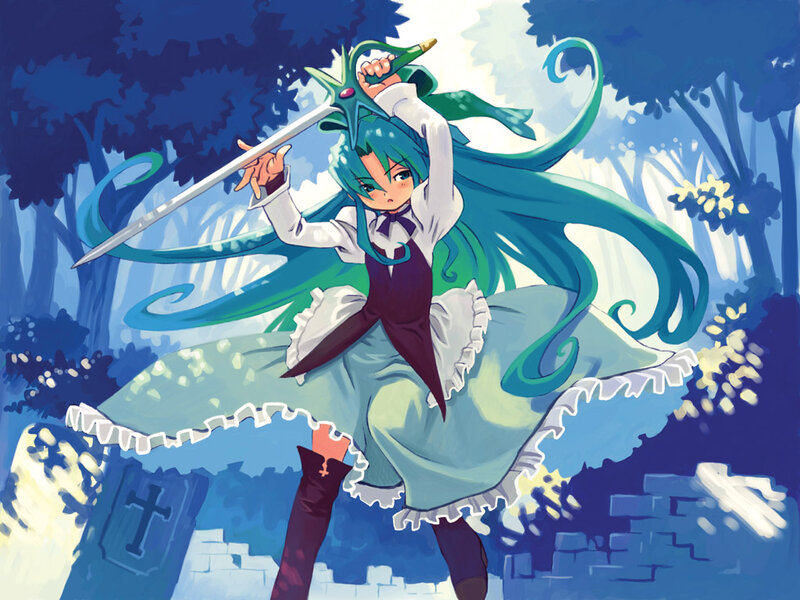 Anime Girl with Sword — Blue, Dramatic, Night, Digital Art, Forest