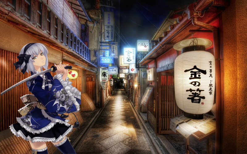 Anime Girl with Sword — Blue, Dramatic, Night, Digital Art, Lantern