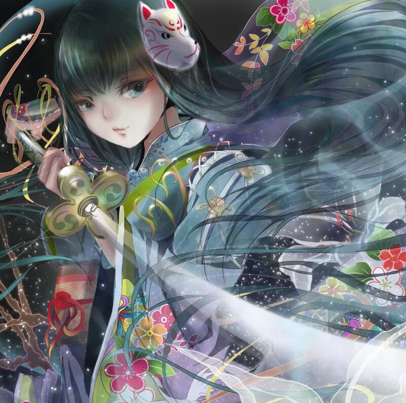 Anime Girl with Sword — Blue, Dramatic, Night, Digital Art, Mask