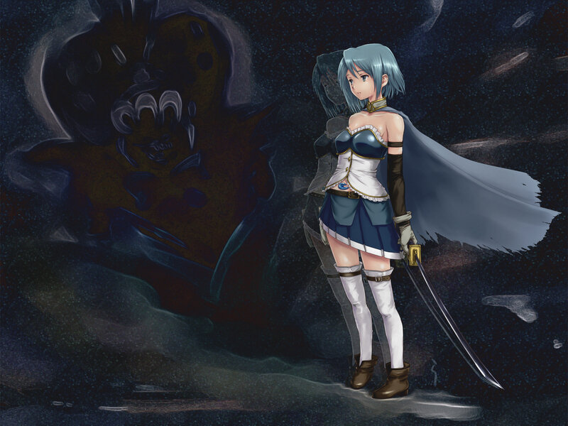 Anime Girl with Sword — Blue, Dramatic, Night, Digital Art, Monster