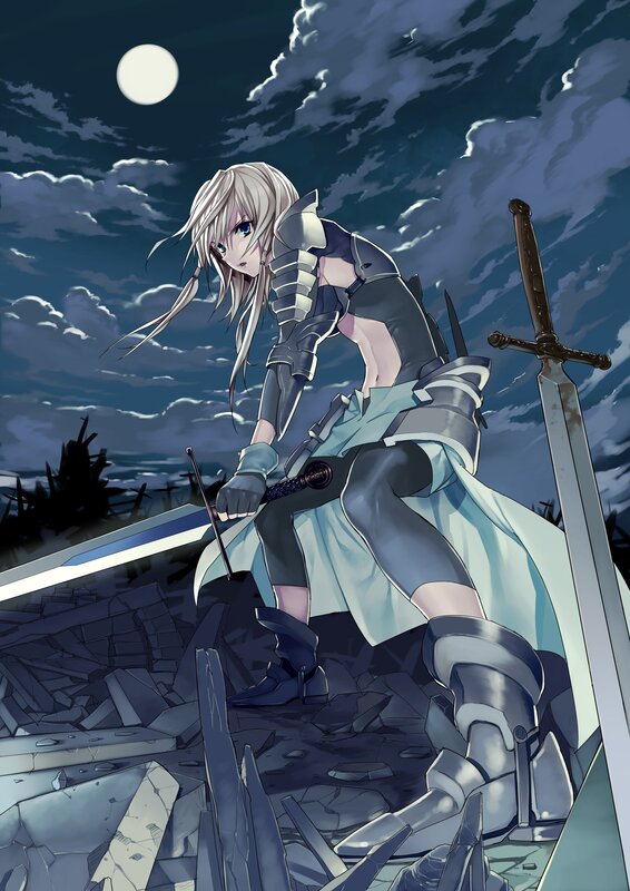 Anime Girl with Sword — Blue, Dramatic, Night, Digital Art, Moon, Armor