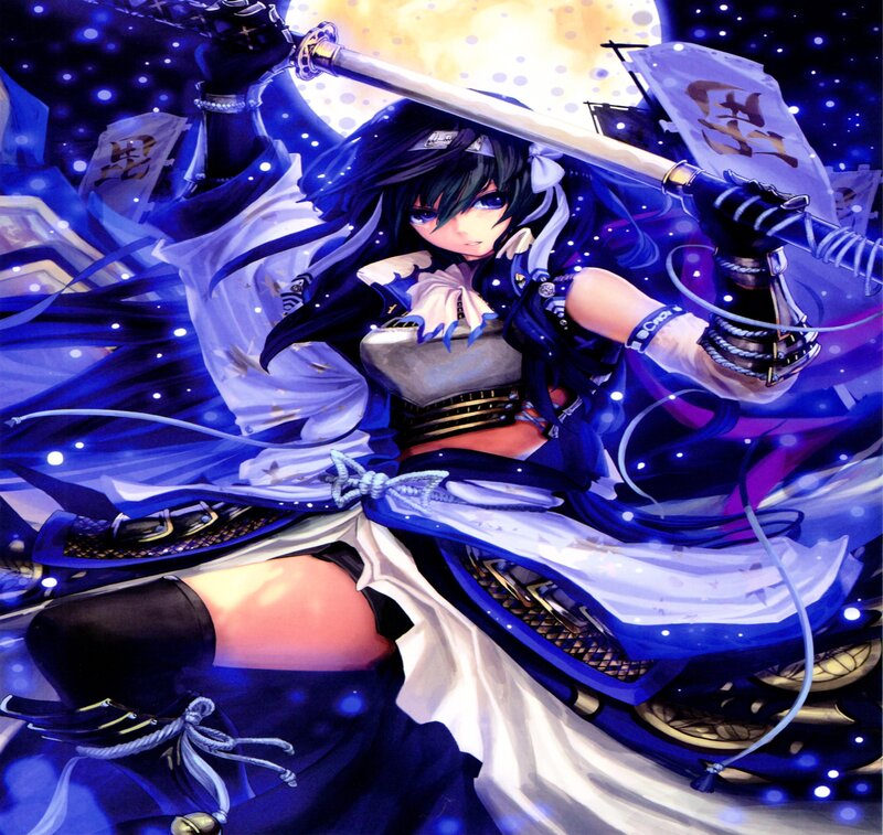 Anime Girl with Sword — Blue, Dramatic, Night, Digital Art, Moon, Flag