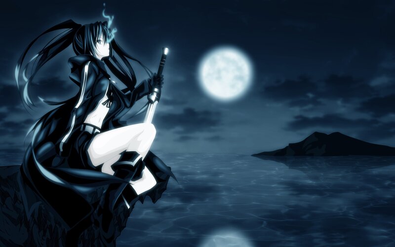 Anime Girl with Sword — Blue, Dramatic, Night, Digital Art, Moon, Sea