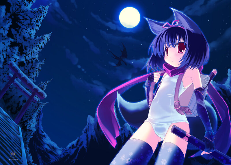 Anime Girl with Sword — Blue, Dramatic, Night, Digital Art, Moon