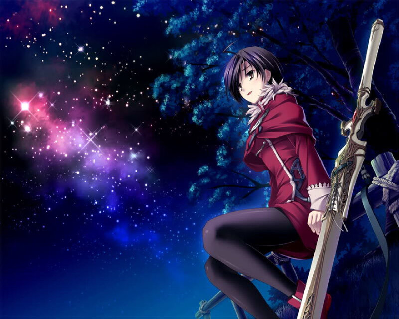 Anime Girl with Sword — Blue, Dramatic, Night, Digital Art, Tree