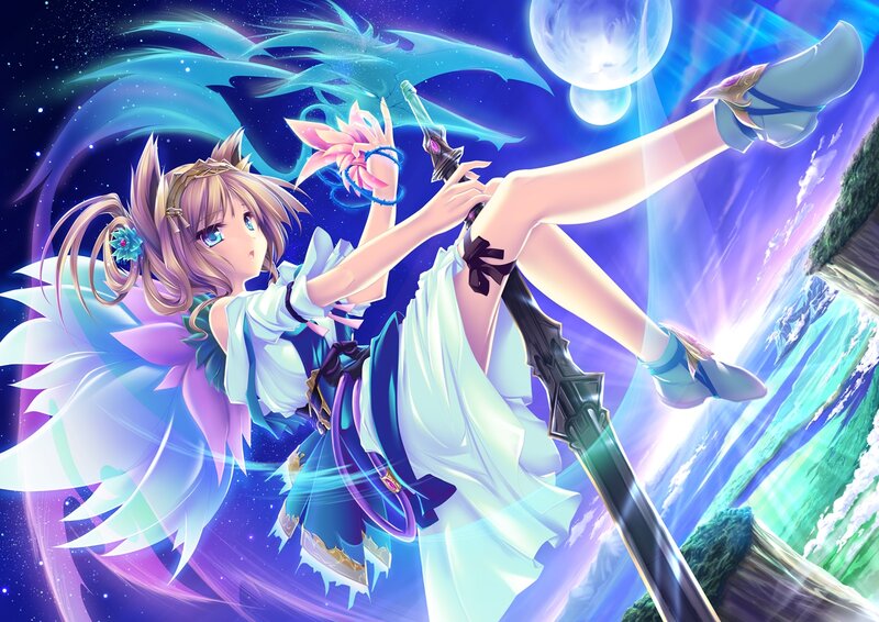 Anime Girl with Sword — Blue, Dramatic, Night, Digital Art, Wings