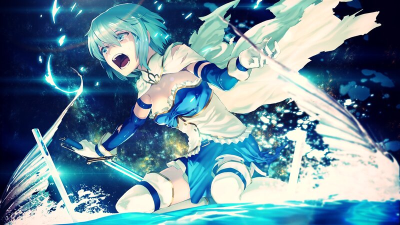 Anime Girl with Sword — Blue, Dramatic, Night, Digital Art, Wings, Water
