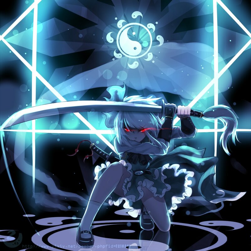 Anime Girl with Sword — Blue, Dramatic, Night, Digital Art, Yin-yang Symbol