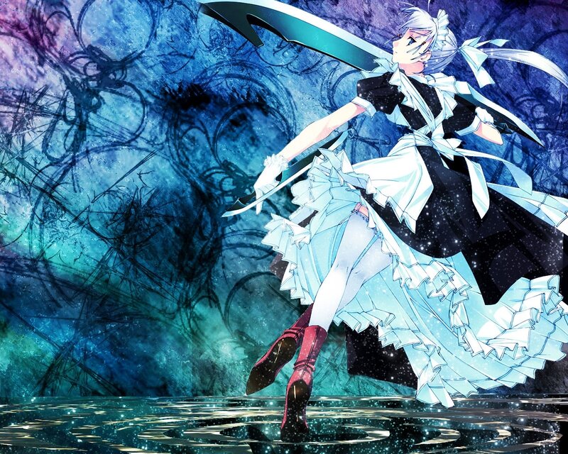 Anime Girl with Sword — Blue, Dramatic, Night, Dress, Water