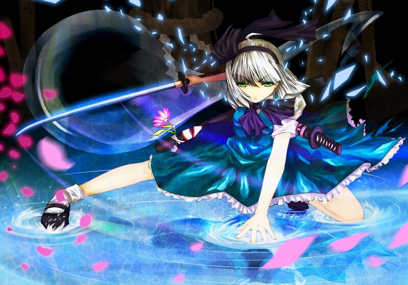 Anime Girl with Sword — Blue, Dramatic, Night, Flower