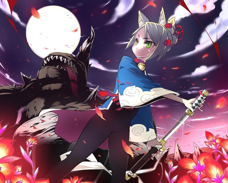 Anime Girl with Sword — Blue, Dramatic, Night, Fox Ears