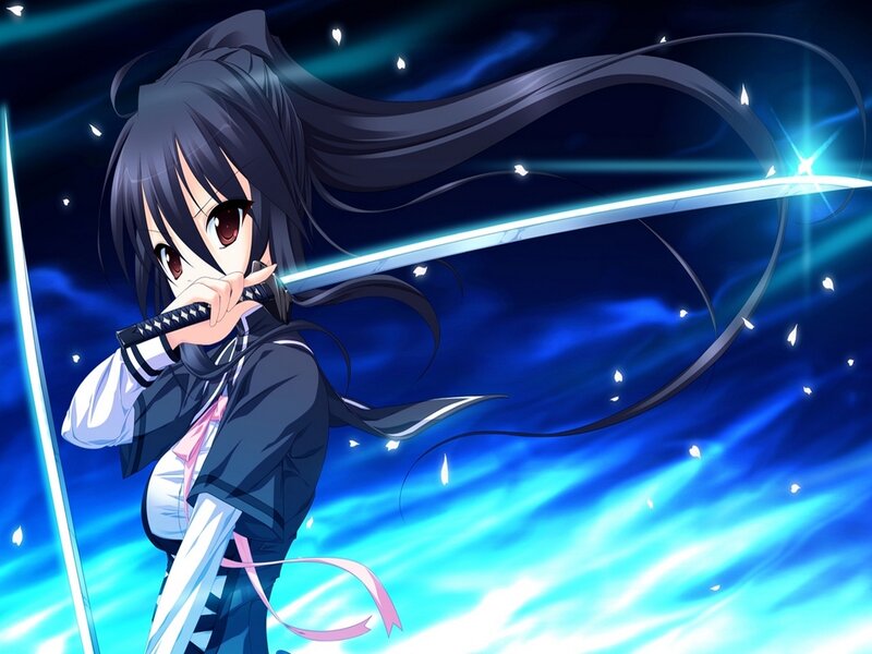 Anime Girl with Sword — Blue, Dramatic, Night, Hair