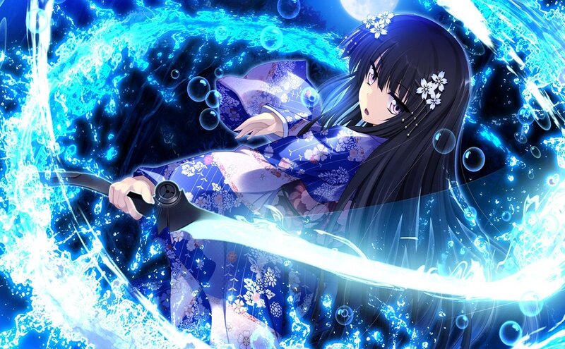 Anime Girl with Sword — Blue, Dramatic, Night, Kimono, Bubbles