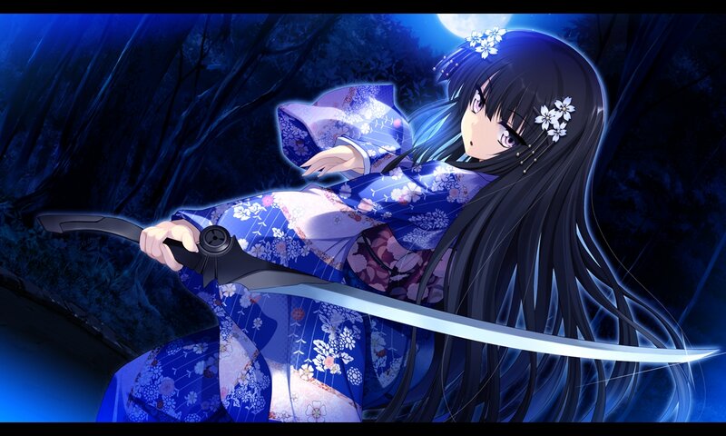 Anime Girl with Sword — Blue, Dramatic, Night, Kimono, Moon