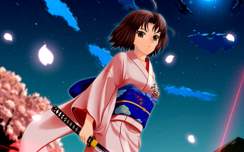 Anime Girl with Sword — Blue, Dramatic, Night, Kimono