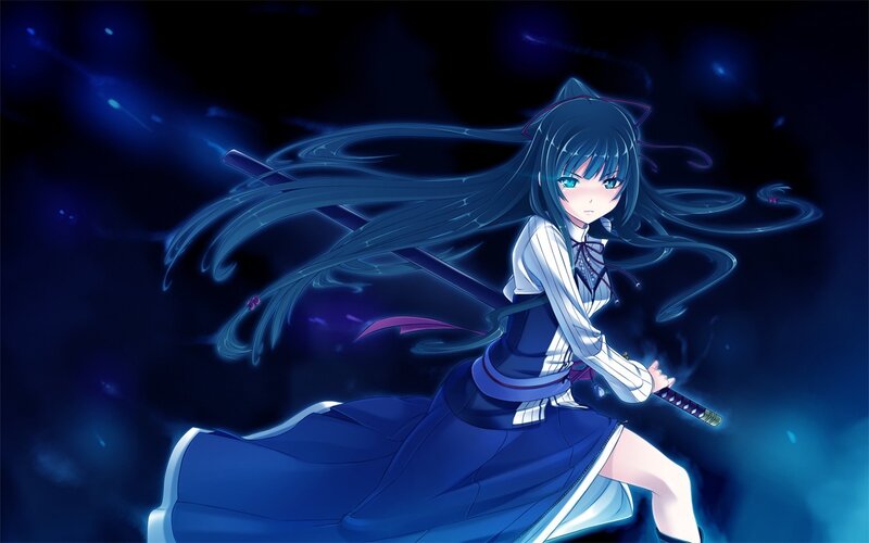 Anime Girl with Sword — Blue, Dramatic, Night, Long Hair, Cat Ears