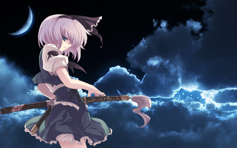 Anime Girl with Sword — Blue, Dramatic, Night, Moon, Clouds