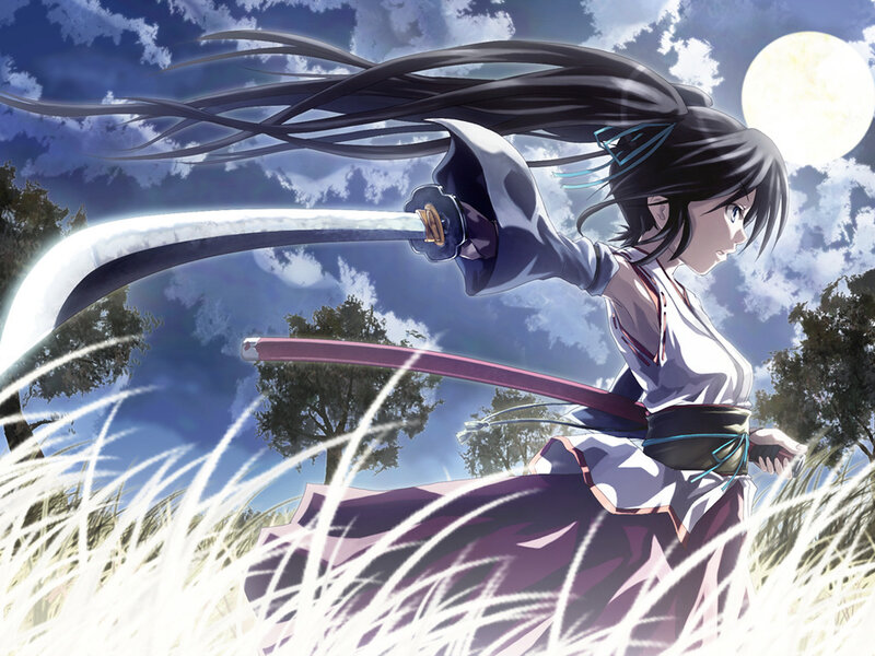 Anime Girl with Sword — Blue, Dramatic, Night, Moon, Grass
